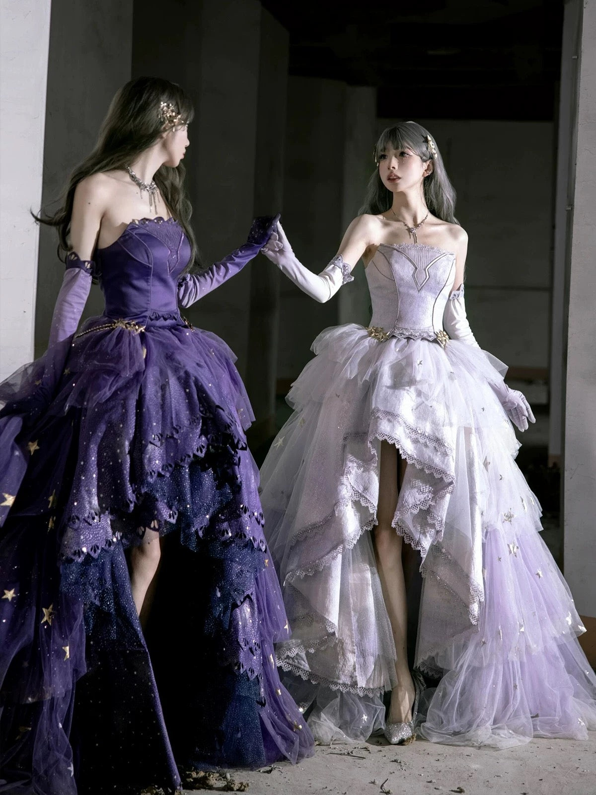 Princess High Low Strapless Purple Satin With Lace Prom Dresses Long Party Dress Grad Formal Evening Gowns AB2171