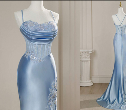 Elegant Mermaid Spaghetti Straps Blue Satin Beaded Pleated Long Prom Dresses Vestidos De Dia AB591