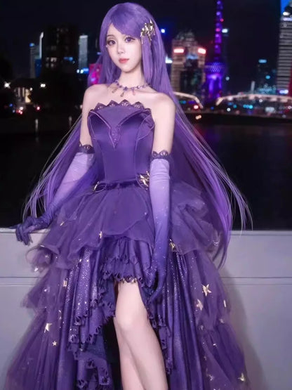Princess High Low Strapless Purple Satin With Lace Prom Dresses Long Party Dress Grad Formal Evening Gowns AB2171