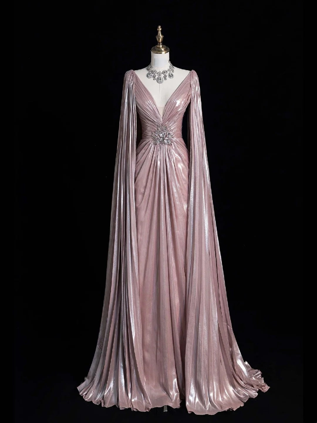 Robe de bal longue vintage en satin rose, coupe trapèze, col en V, corsage perlé et cape, tenue de soirée formelle N541