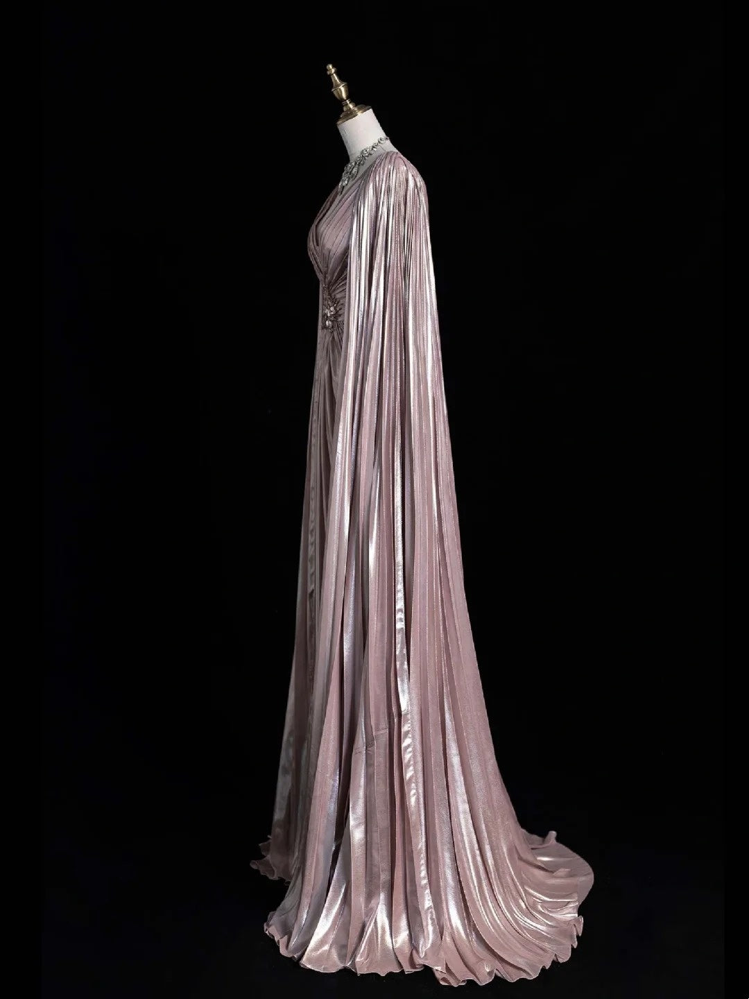 Robe de bal longue vintage en satin rose, coupe trapèze, col en V, corsage perlé et cape, tenue de soirée formelle N541