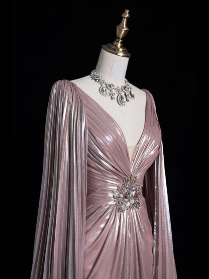 Robe de bal longue vintage en satin rose, coupe trapèze, col en V, corsage perlé et cape, tenue de soirée formelle N541