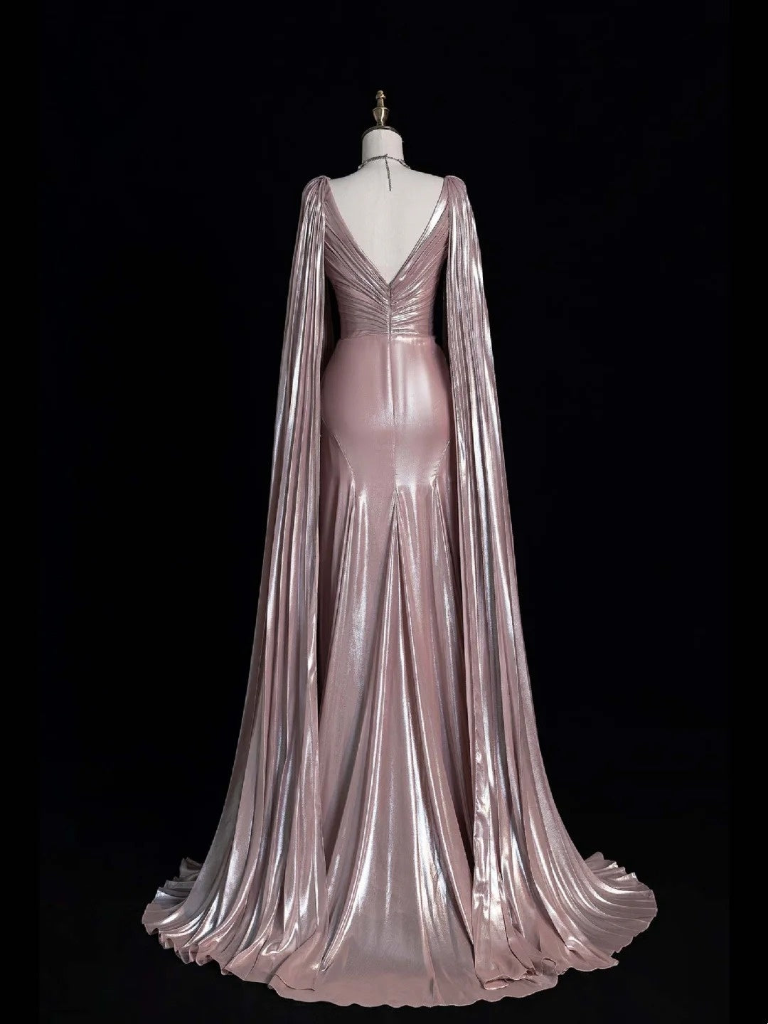 Robe de bal longue vintage en satin rose, coupe trapèze, col en V, corsage perlé et cape, tenue de soirée formelle N541