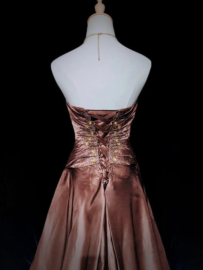 Belles robes de bal inspiration robe de bal bustier cœur en satin avec perles chocolat robe de soirée femme N3187