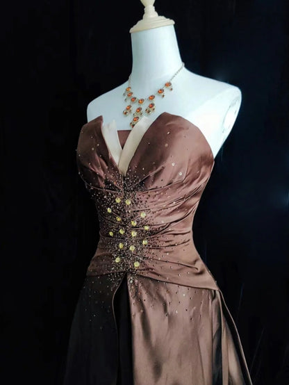 Belles robes de bal inspiration robe de bal bustier cœur en satin avec perles chocolat robe de soirée femme N3187