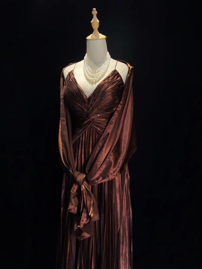 Trendy Prom Dresses Inspiration Mermaid Spaghetti Strap Chocolate Gala Satin Backless With Cape Formal Gowns N3189