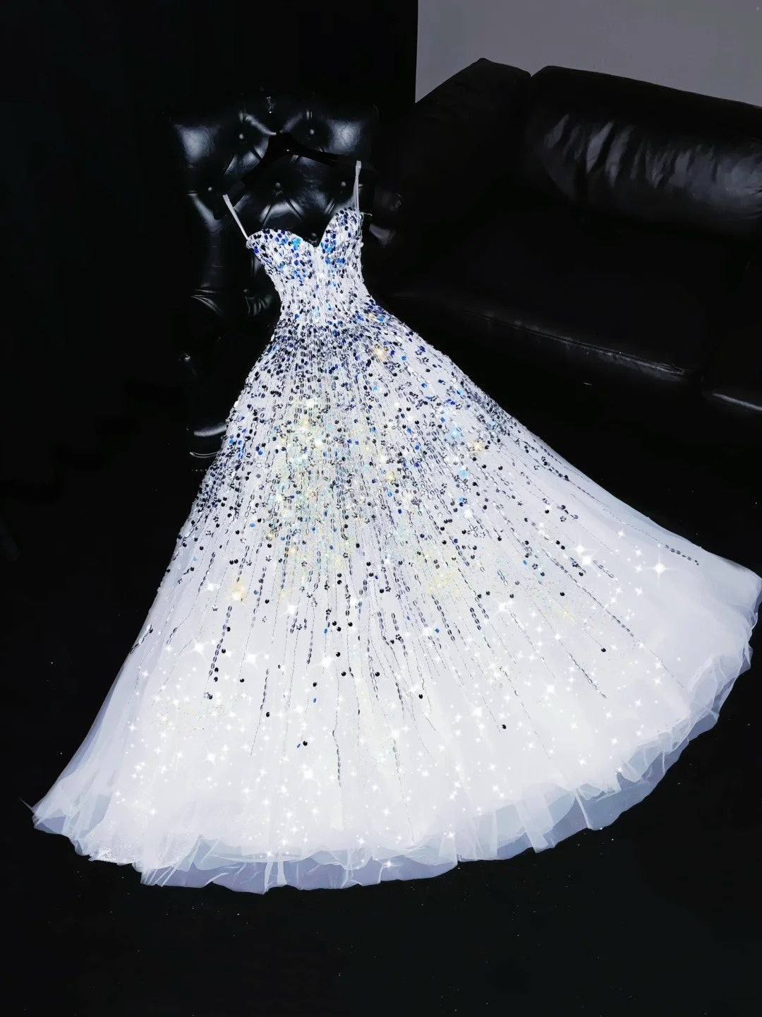 Sparkly Ball Gown Sweetheart White Beaded Bodice Long Prom Dress Evening Outfits Formal Dress N542