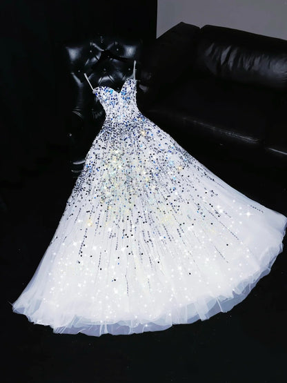 Sparkly Ball Gown Sweetheart White Beaded Bodice Long Prom Dress Evening Outfits Formal Dress N542