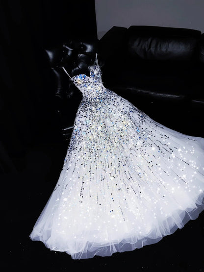 Sparkly Ball Gown Sweetheart White Beaded Bodice Long Prom Dress Evening Outfits Formal Dress N542