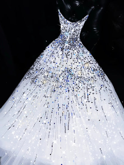 Sparkly Ball Gown Sweetheart White Beaded Bodice Long Prom Dress Evening Outfits Formal Dress N542