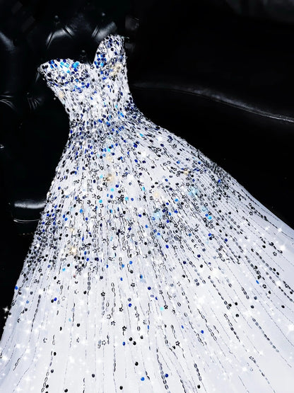 Sparkly Ball Gown Sweetheart White Beaded Bodice Long Prom Dress Evening Outfits Formal Dress N542