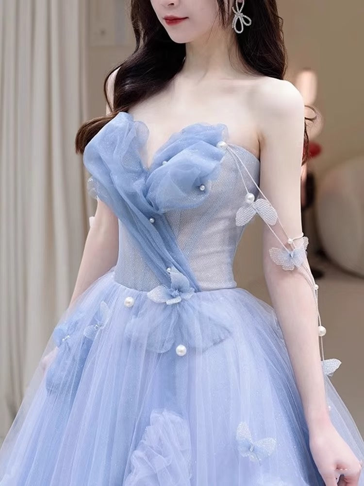 Robe de bal pour femme, bustier cœur, tulle bleu, longue, robe de soirée formelle AB1733