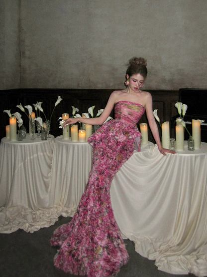 Robe de bal sirène rose fuchsia bustier à fleurs, style modeste, longue et élégante, idéale pour une soirée de remise de diplômes ou un bal de fin d'année (N053)