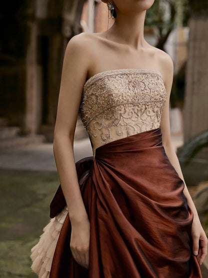 Robe de bal sobre sans bretelles, haut champagne à perles, jupe marron, robe de soirée longue, robe de bal longue, robe de soirée formelle N272