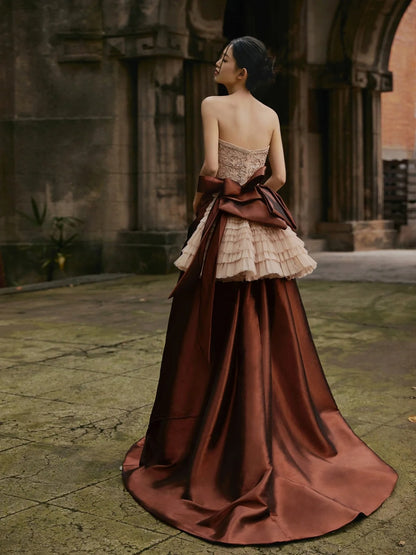 Robe de bal sobre sans bretelles, haut champagne à perles, jupe marron, robe de soirée longue, robe de bal longue, robe de soirée formelle N272