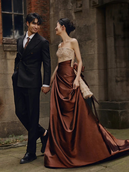 Robe de bal sobre sans bretelles, haut champagne à perles, jupe marron, robe de soirée longue, robe de bal longue, robe de soirée formelle N272