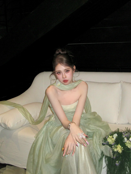 Simple A line Strapless Sage Green Shiny Satin Sage Green Prom Dress Aesthetic Long Graduation Dance Evening Outfits N056