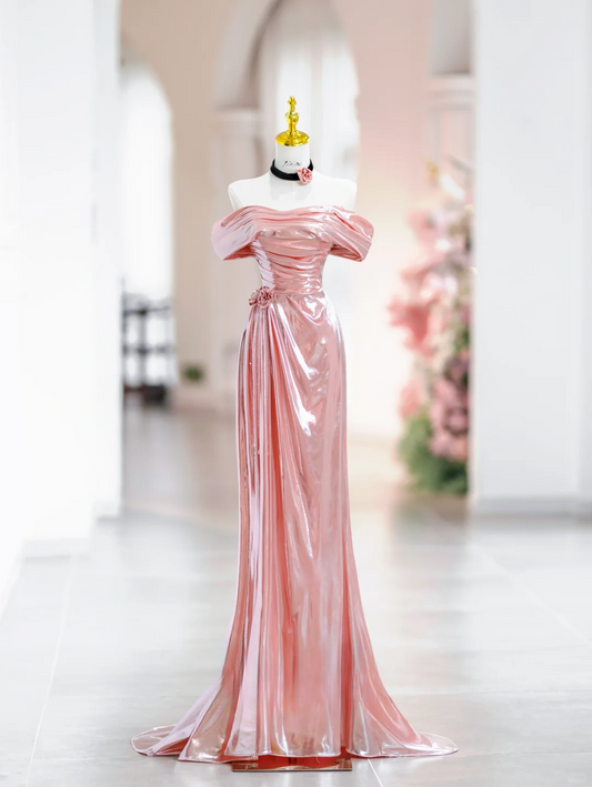 Elegant Mermaid Off The Shoulder Pink Satin Long Floor Length Prom Dress Inspiration Long Prom Dresses DH2814