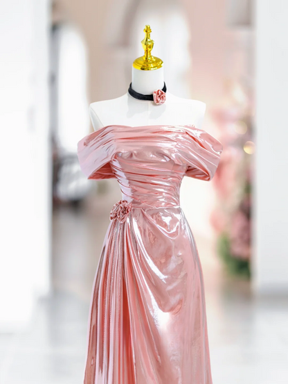 Elegant Mermaid Off The Shoulder Pink Satin Long Floor Length Prom Dress Inspiration Long Prom Dresses DH2814