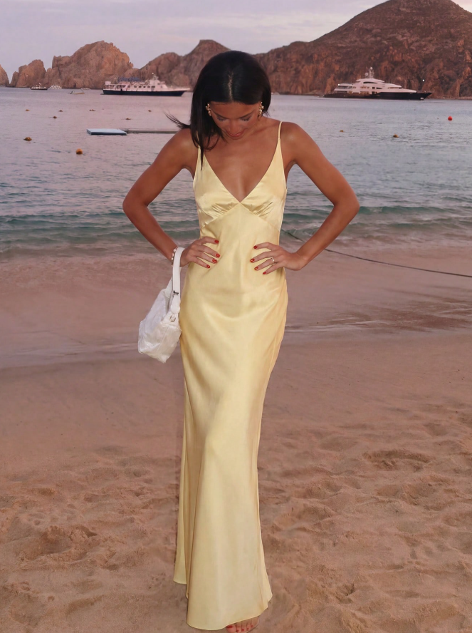 Simple Mermaid Spaghetti Straps Yellow Satin Long Prom Dresses Inspiration Party Dress Prom Gowns DH2969