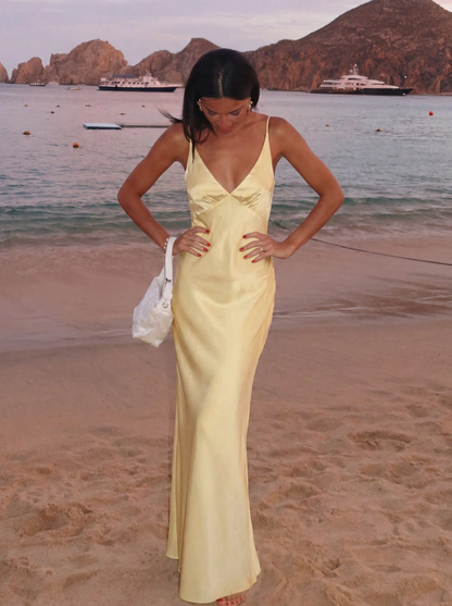 Simple Mermaid Spaghetti Straps Yellow Satin Long Prom Dresses Inspiration Party Dress Prom Gowns DH2969
