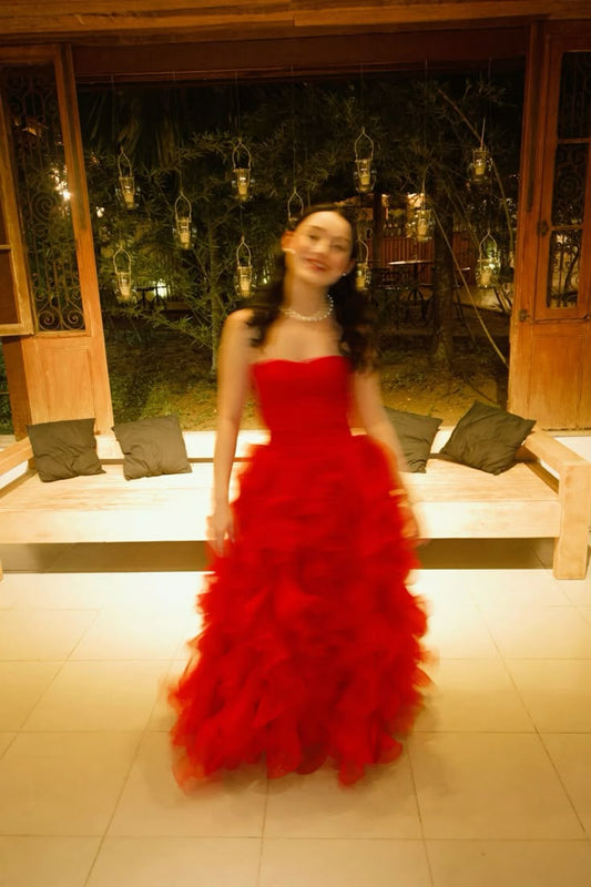 Timeless Ball Gown Strapless Red Tulle Layers Prom Dresses Party Dress Birthday Outfits Prom Gown DH3010