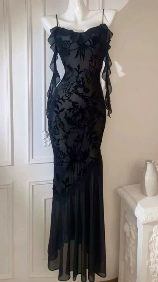 Chic Mermaid Spaghetti Straps Black Chiffon Long Prom Dresses Inspiration Party Dress Prom Gowns DH3027