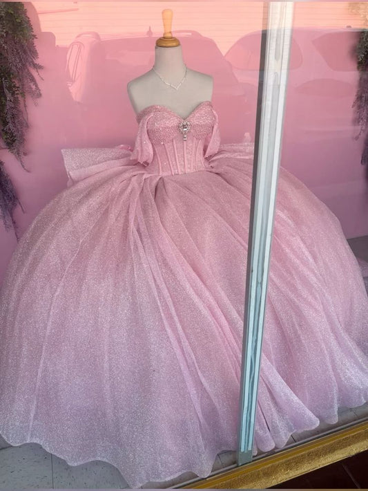 Ball Gown Sweetheart Light Pink Sequin Beaded Long Tulle Quinceanera Dress Sweet 15 16 Dresses DH3029