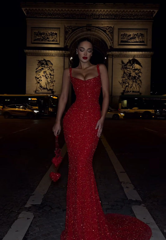 Glitter Mermaid Square Neck Red Sequin Long Prom Dresses Inspiration Prom Gowns DH3260