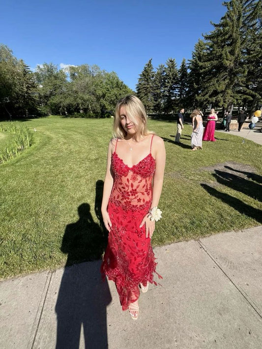 Charming Mermaid Spaghetti Straps Red Sequin Long Prom Dresses Inspiration Party Dress Prom Gown dh3263