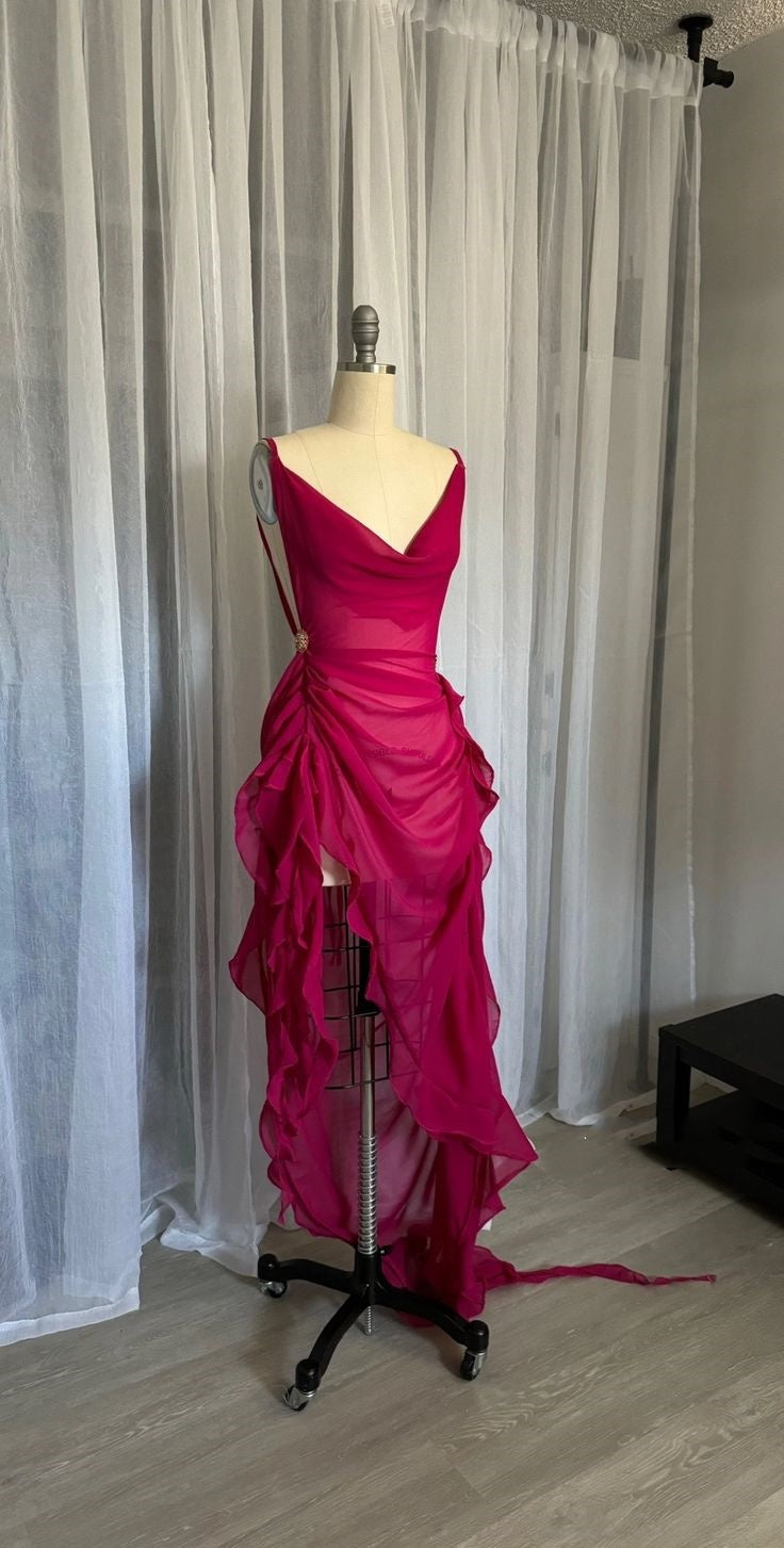 Unique High Low Spaghetti Straps Fuchsia Chiffon Prom Dresses Long Party Dress Birthday Outfits Prom Gown DH3264