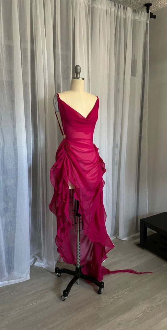 Unique High Low Spaghetti Straps Fuchsia Chiffon Prom Dresses Long Party Dress Birthday Outfits Prom Gown DH3264