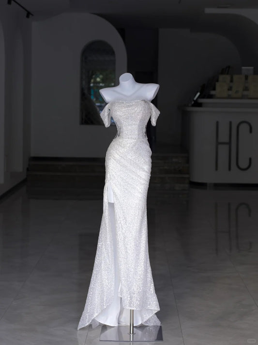 Robes de mariée sirène modestes, épaule dénudée, sequins blancs avec fente, longue robe de mariée N2990