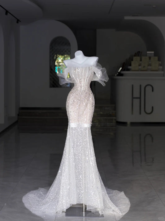 Robes de mariée modestes sirène épaules dénudées bustier perlé de sequins blancs longue robe de mariée N2989