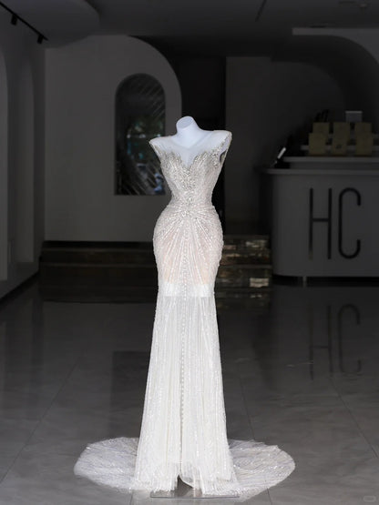 Robes de mariée modestes sirène bustier cœur blanc paillettes perles corsage longue robe de mariée N2986
