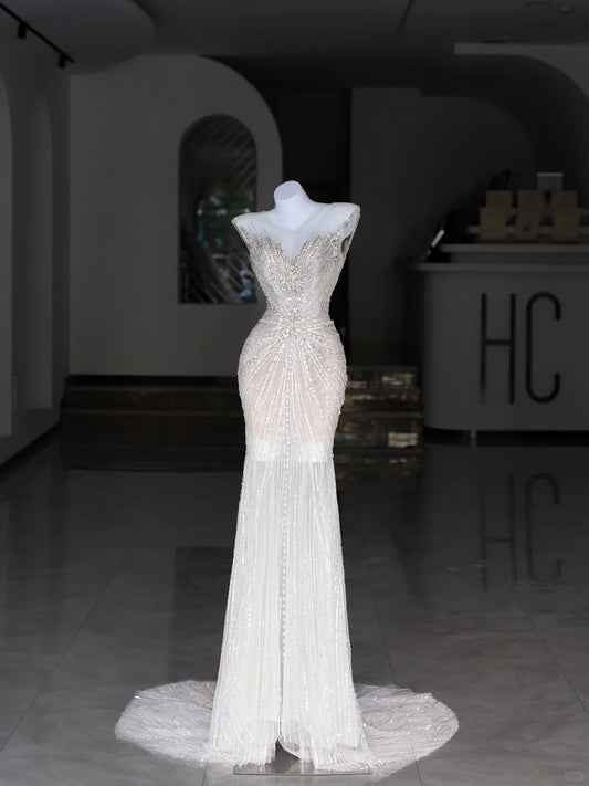 Robes de mariée modestes sirène bustier cœur blanc paillettes perles corsage longue robe de mariée N2986