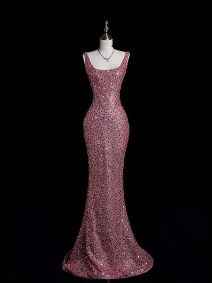 Robe de bal longue rose à paillettes, col carré et corsage orné de perles, style sirène, référence N545
