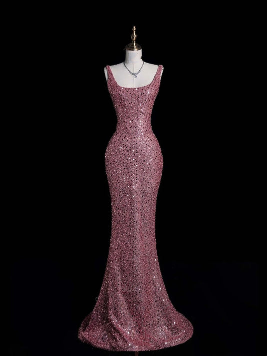 Funkelndes Meerjungfrauen-Abendkleid mit eckigem Ausschnitt, rosa Perlenbesatz am Oberteil, langes Ballkleid, formelles Abendkleid N545