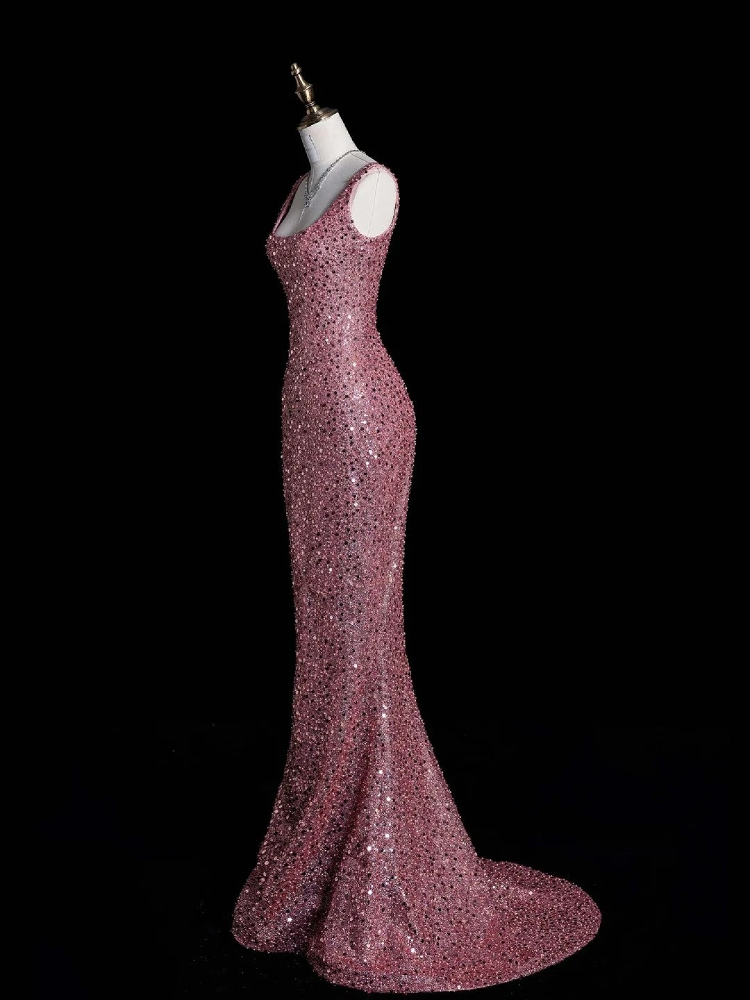 Robe de bal longue rose à paillettes, col carré et corsage orné de perles, style sirène, référence N545