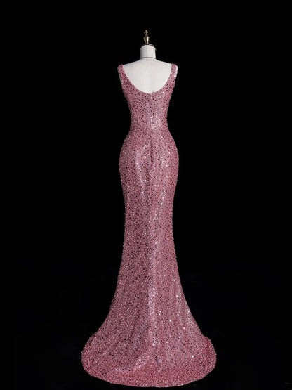 Robe de bal longue rose à paillettes, col carré et corsage orné de perles, style sirène, référence N545