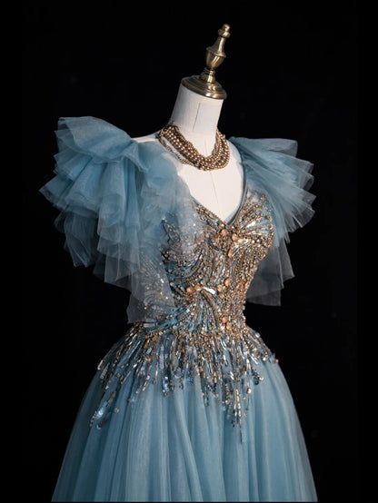 Robe de bal longue à paillettes, col en V, corsage en tulle bleu orné de perles, tenue de soirée formelle N546