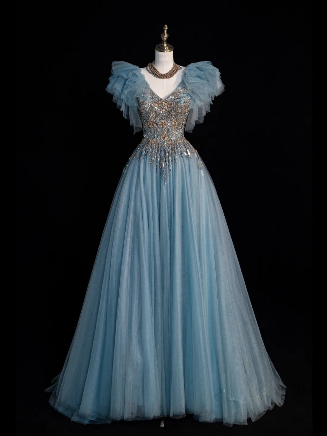 Robe de bal longue à paillettes, col en V, corsage en tulle bleu orné de perles, tenue de soirée formelle N546
