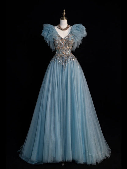 Robe de bal longue à paillettes, col en V, corsage en tulle bleu orné de perles, tenue de soirée formelle N546