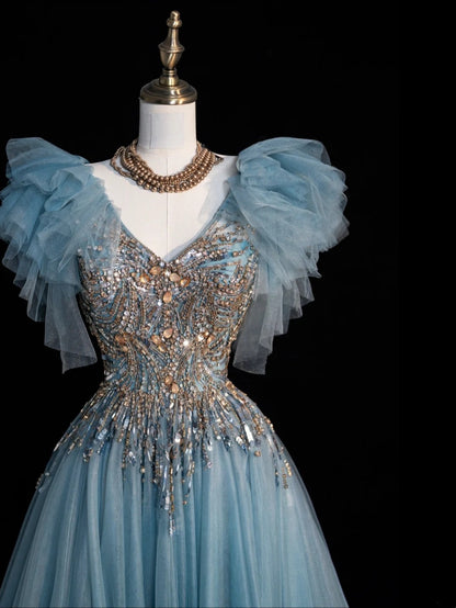 Robe de bal longue à paillettes, col en V, corsage en tulle bleu orné de perles, tenue de soirée formelle N546