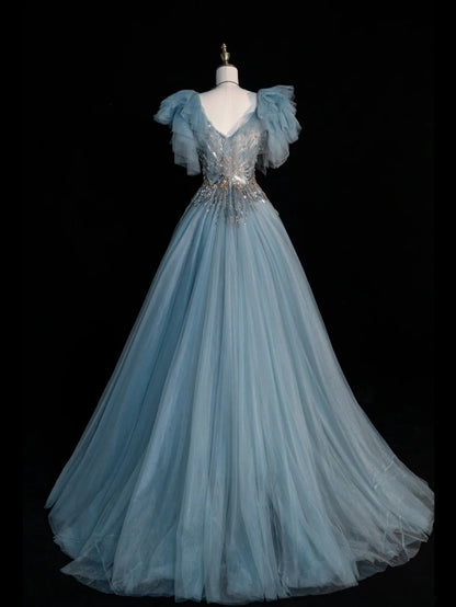 Robe de bal longue à paillettes, col en V, corsage en tulle bleu orné de perles, tenue de soirée formelle N546