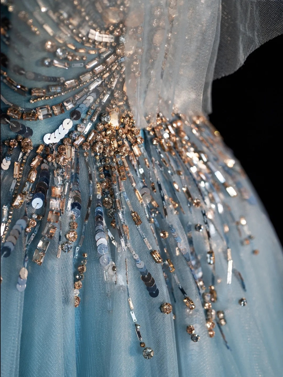 Robe de bal longue à paillettes, col en V, corsage en tulle bleu orné de perles, tenue de soirée formelle N546