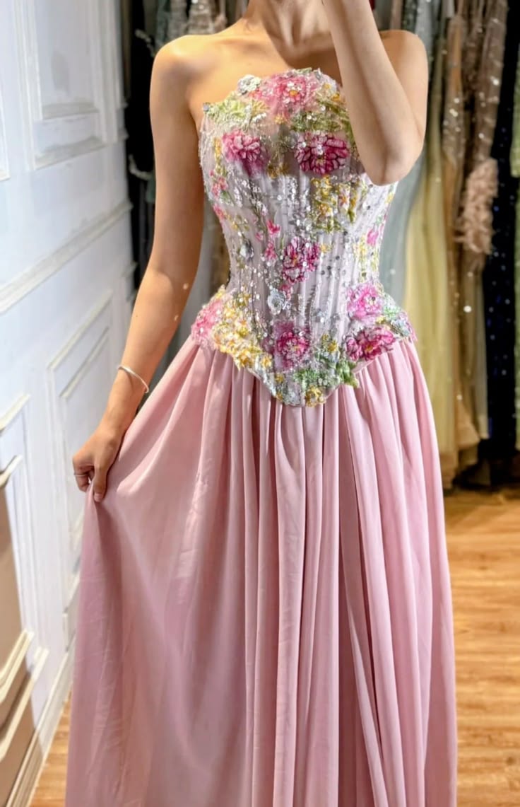 Dreamy Floral Corset Princess Gown | Fairytale Pink Prom Dress Long Floor Length Formal Dresses RC1307