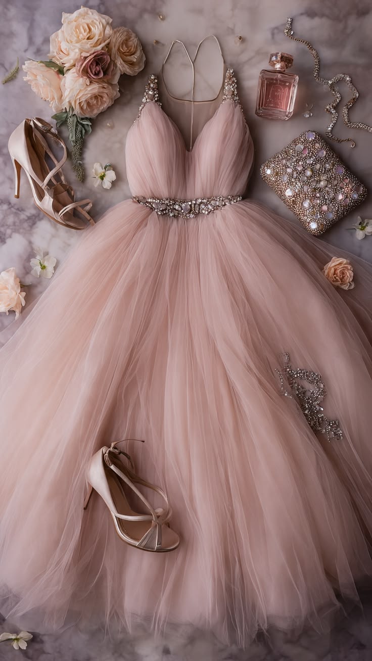 Dreamy Blush Pink Tulle Gown | Aesthetic Princess Core Prom Dress Fairytale Long Floor Length Formal Dresses RC1311