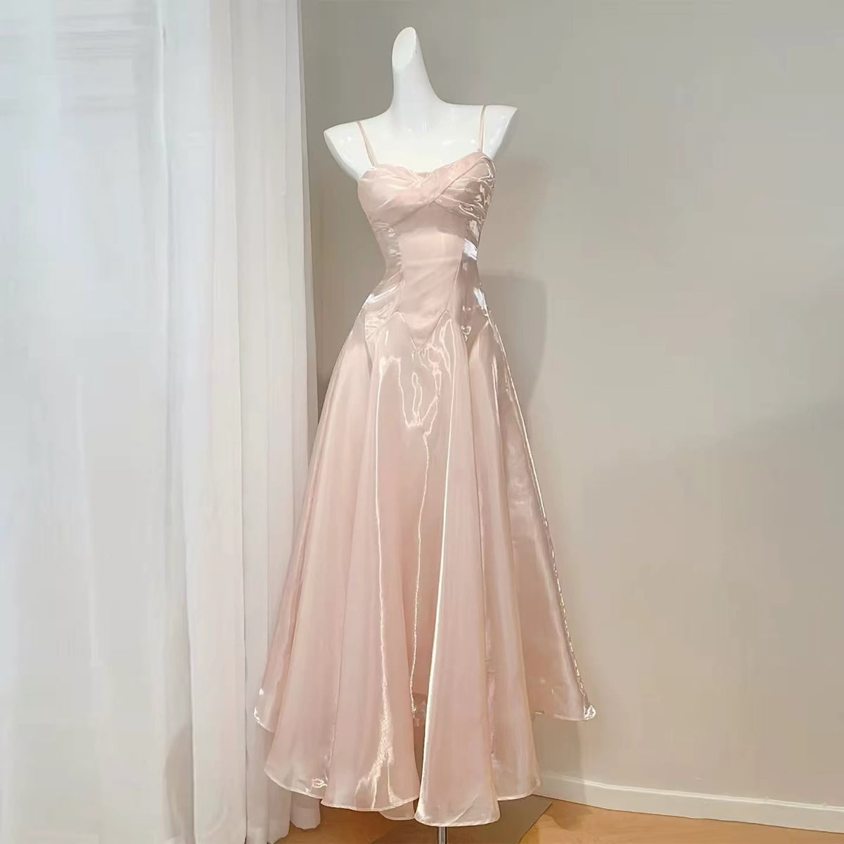 Simple A Line Spaghetti Straps Pink Satin Inspiration Long Wedding Party Guest Dresses N2059