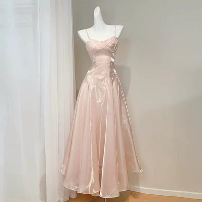 Simple A Line Spaghetti Straps Pink Satin Inspiration Long Wedding Party Guest Dresses N2059